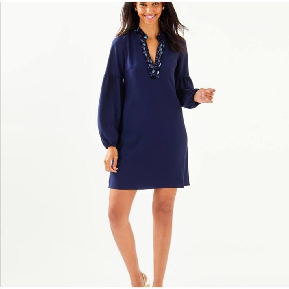 B43 Lilly Pulitzer Shea‎ Mini Shift Dress 2 Navy Tunic Embellished Cocktail